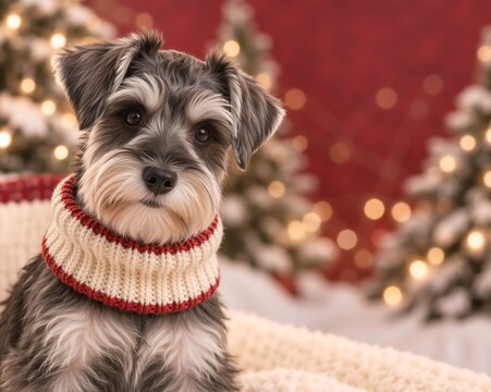 Miniature Schnauzer puppy wearing cozy knit scarf in festive holiday setting. Cute dog on soft blanket with Christmas tree bokeh lights. For holiday greeting card