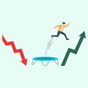 Businessman bouncing on trampoline towards market recovery. Man rebounding from financial crisis to economic success, turning downturn into positive progress and profit.