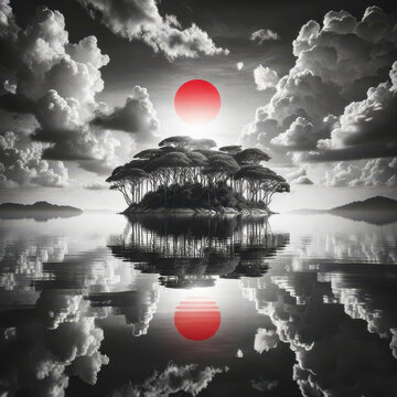 Black and white island landscape with red sun reflection