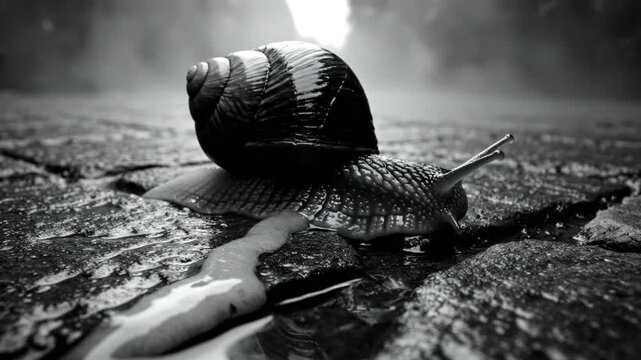Black and white close up of a snail slowly moving across wet, textured, stone ground with a soft focus background