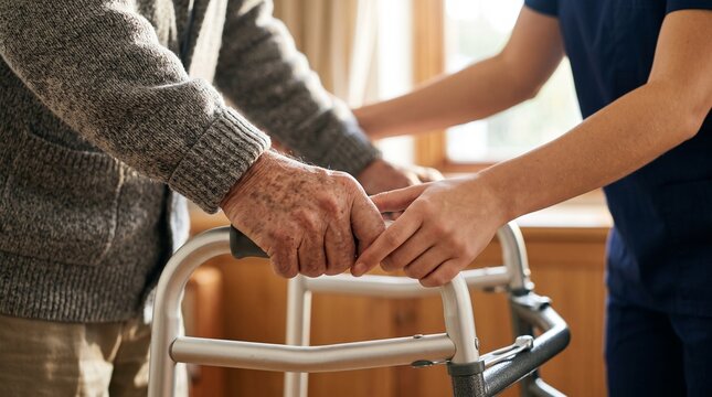 Close Up of Nurse Hands Assisting Senior Man with Walker