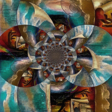 Abstract Spiral Pattern with Surrealistic Elements and Hands