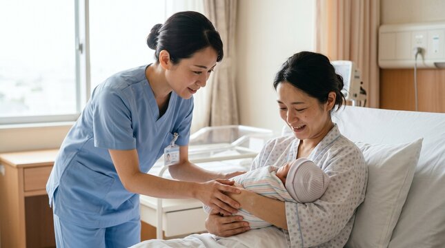 Compassionate Japanese Nurse Caring for Mother and Newborn in Maternity Ward