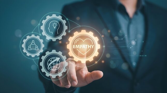 Empathy concept business leader touching glowing gear interface to represent emotional intelligence corporate culture relationship management strategy