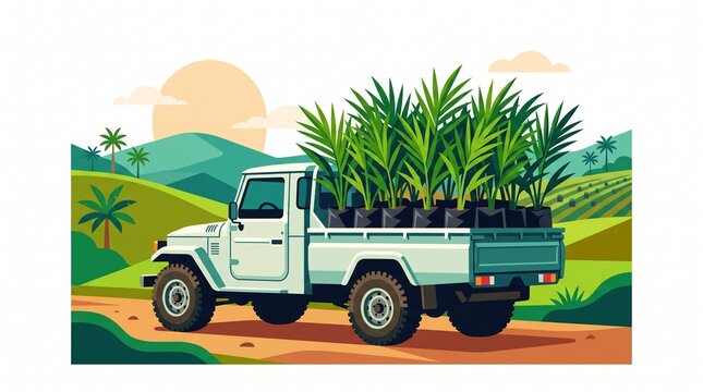 Vector illustration of agricultural truck transporting oil palm seedlings to plantation