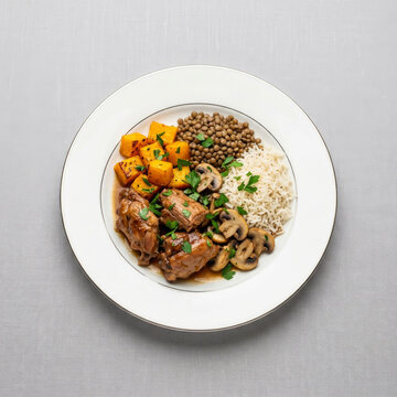 Rabbit stew with mushrooms, roasted pumpkin, lentils, and rice on a white plate against a gray background