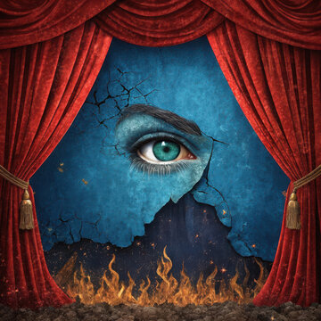 Surreal Eye Peering Through Cracked Wall Behind Red Theater Curtains