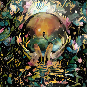 Abstract Surreal Artwork Featuring Hand Holding Orb and Floral Patterns