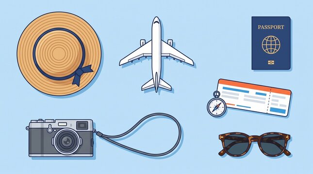 Flat Vector Illustration of Travel Accessories and Vacation Essentials on Blue Background