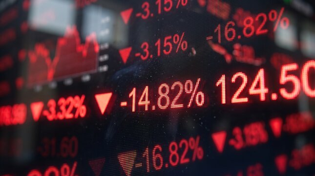 Close Up of Stock Market Data Displaying Red Financial Loss