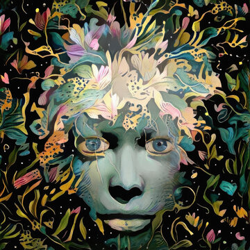 Surreal Portrait of Face Blended with Abstract Botanical Shapes