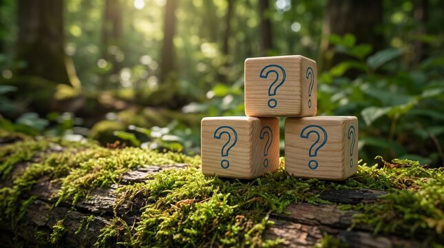 Wooden cubes with question marks placed on a mossy log in a lush green forest background