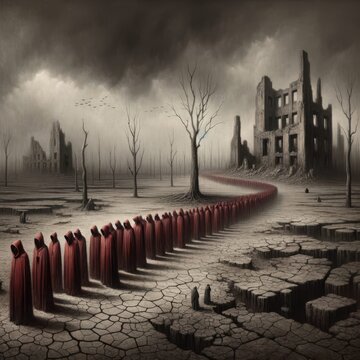 Surreal Line of Hooded Figures in Desolate Ruins Landscape