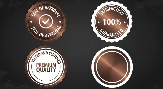 Bronze certification badges and premium quality guarantee stamps set with metallic texture isolated on dark background