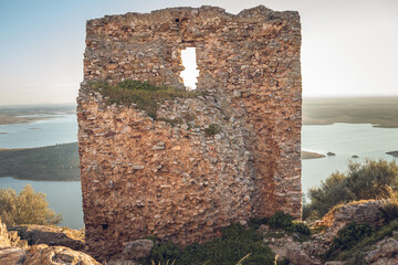 Alange castle ruins overlooking extremadura landscape and lake © fuen30
