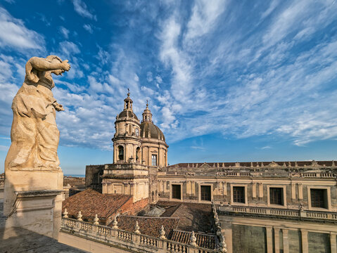 Rooftop view of the Cathedral of Saint Agatha dome and belfry from the terrace of Badia di Sant'Agata in Catania, Sicily, Italy.