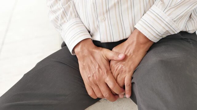 60s old east Asian man hand holding genitalia, concept of UTI urinary tract infection or bladder infection, hand movement shot with arm and thigh