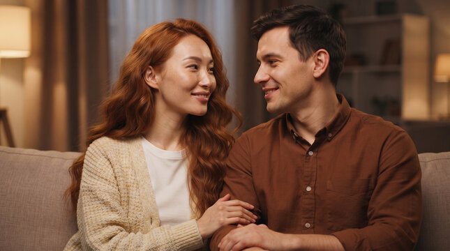 Young happy couple looking at each other on sofa at home