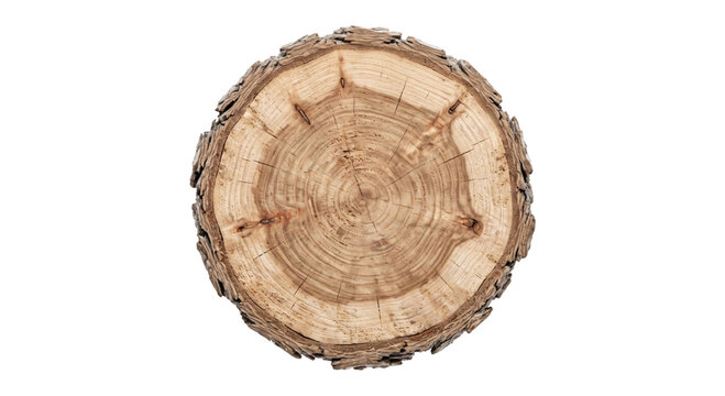 Tree trunk cross section reveals natural growth rings, cracks, knots, and rugged bark