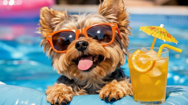 Yorkshire terrier wearing orange sunglasses on a blue pool float beside a tropical iced drink, playful summer pool pet lifestyle scene