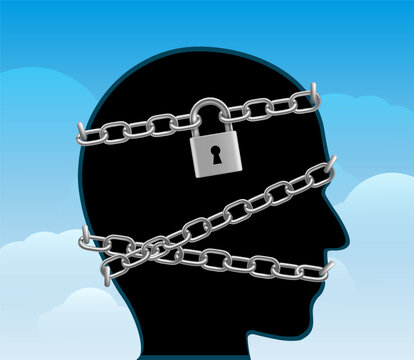 Human head profile with metal chain and padlock around. Vector illustration.