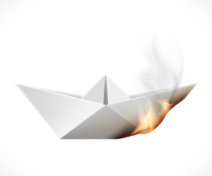 Origami paper boat is on fire. Isolated on a white background. Vector illustration.
