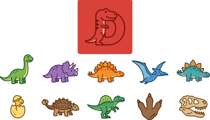 Cute flat design dinosaur icon set with various prehistoric creatures and symbols, isolated on white. © Embun