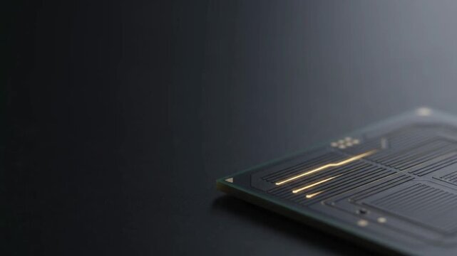 Extreme macro shot of a sleek dark textured surface with subtle golden thermal energy pulsing through micro-grooves. Electrical pulse represented by beams of light on an electrical circuit board