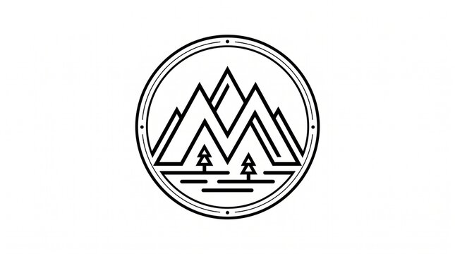 Geometric mountain range badge logo with pine trees circular outdoor adventure emblem