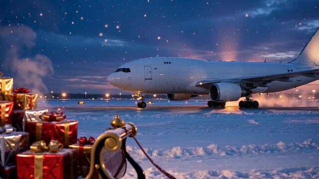 Santa Claus sleigh carrying wrapped gifts above clouds at sunset