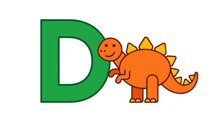 Green letter D with a playful orange dinosaur illustration, flat design, isolated on white. © Embun