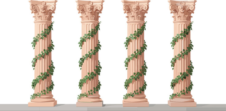 Ancient Greek columns vector illustration set featuring four classical Corinthian pillars with climbing green ivy vines, fluted shafts and ornate capitals for architecture, wedding, history and decora