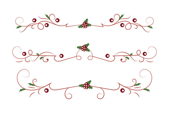 Christmas Holly Border Set, Three symmetrical red decorative dividers with green leaves berries and curling seasonal ornaments