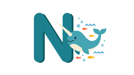 A stylized letter N with a cute narwhal swimming beside it, surrounded by small fish and bubbles © Embun
