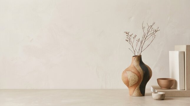 A minimalist, abstract composition featuring a single, large, brown vase with a geometric, organic shape, placed on a light-colored surface against a plain, textured beige wall. 