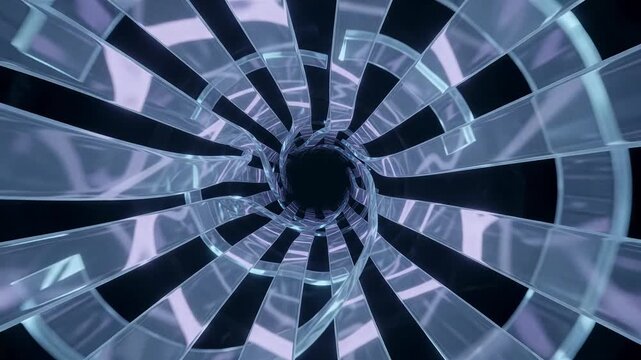Glass shards tunnel radial vortex purple light dark background abstract ideal for event intros music visuals technology presentations flyers social media posts and title sequence backgrounds