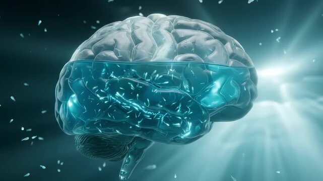 Transparent brain filled water swimming tiny fish light rays teal ideal for medical presentations health campaigns science documentaries print media social media posts and clinic advertising
