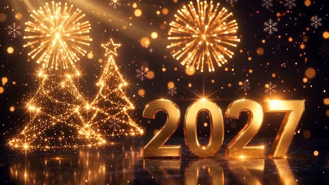 Golden 2027 new year display with lighted trees and fireworks