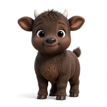 Cute 3D cartoon baby anoa with short horns standing on white background