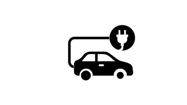 Animated electric car charging icon with power plug cable on transparent background, eco friendly vehicle glyph loop motion graphic