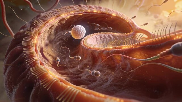 Responding to ciliary beating, motile sperm swimming through tubal lumen toward ovum to fertilize