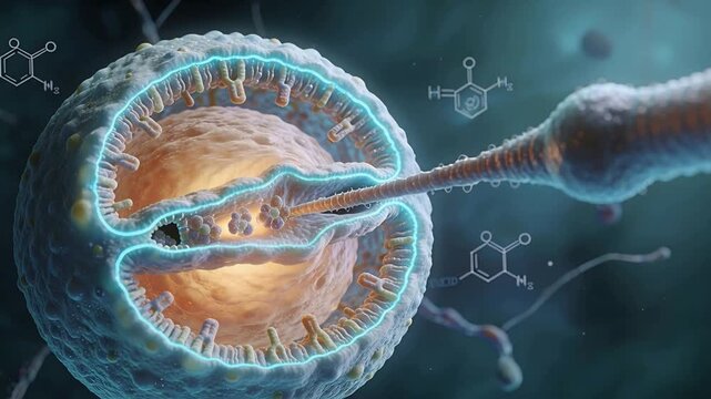 Approaching filament inserting into vesicle membrane at lab, probing inner molecular clusters