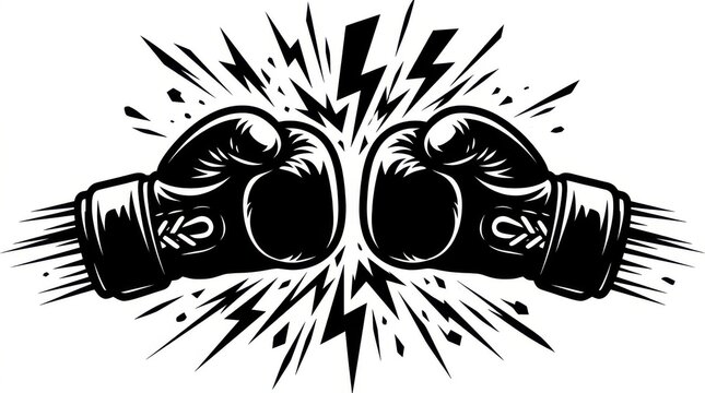 Two boxing gloves clash in a dramatic vector illustration with speed lines and lightning elements, isolated on white background
