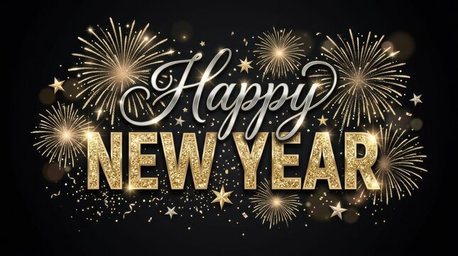 Happy new year gold and silver glitter text