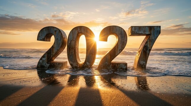 Large 2027 numbers standing in ocean surf on a sandy beach during a golden sunrise