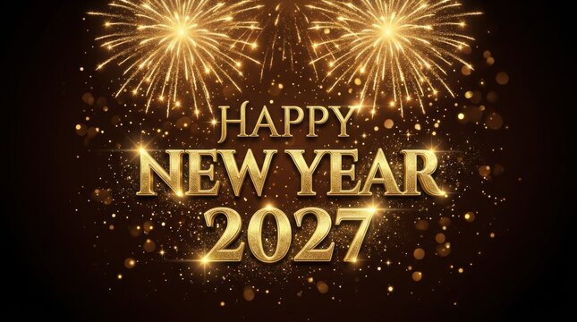 Happy new year 2027 gold glitter text with bright fireworks exploding in dark night sky background