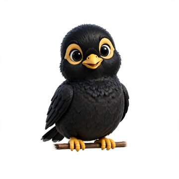 Cute 3D cartoon baby myna bird perched on white background