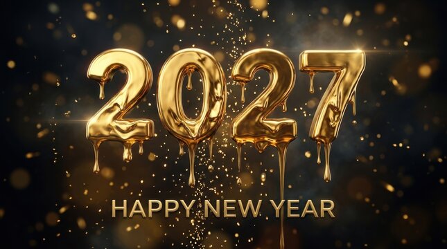 Happy new year 2027 gold dripping numbers typography