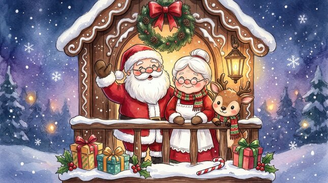 Santa claus and mrs claus waving from a cozy gingerbread house balcony with a reindeer and gifts in winter snow
