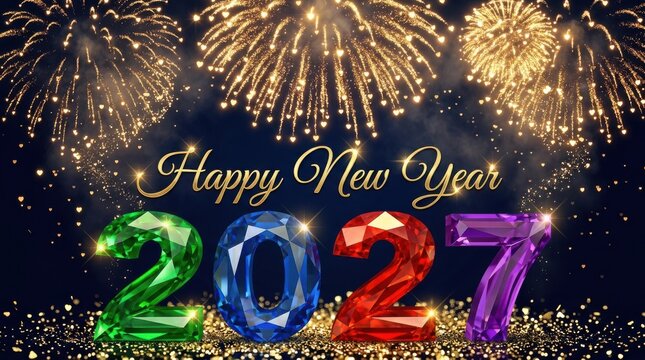 Vibrant new year background featuring colorful gemstone numbers 2027, happy new year text, glowing fireworks, and sparkling gold dust